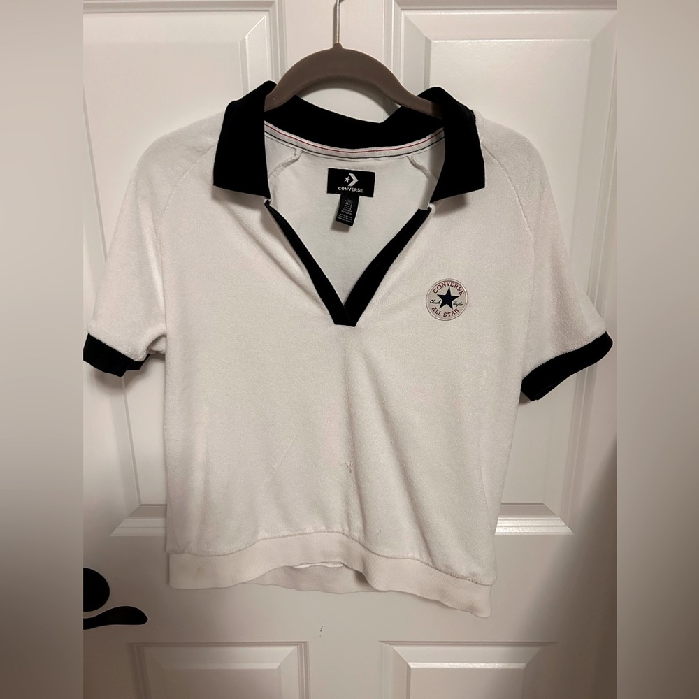 Converse, Terrycloth tennis shirt, M, quarter collar and navy stripes. Cool.